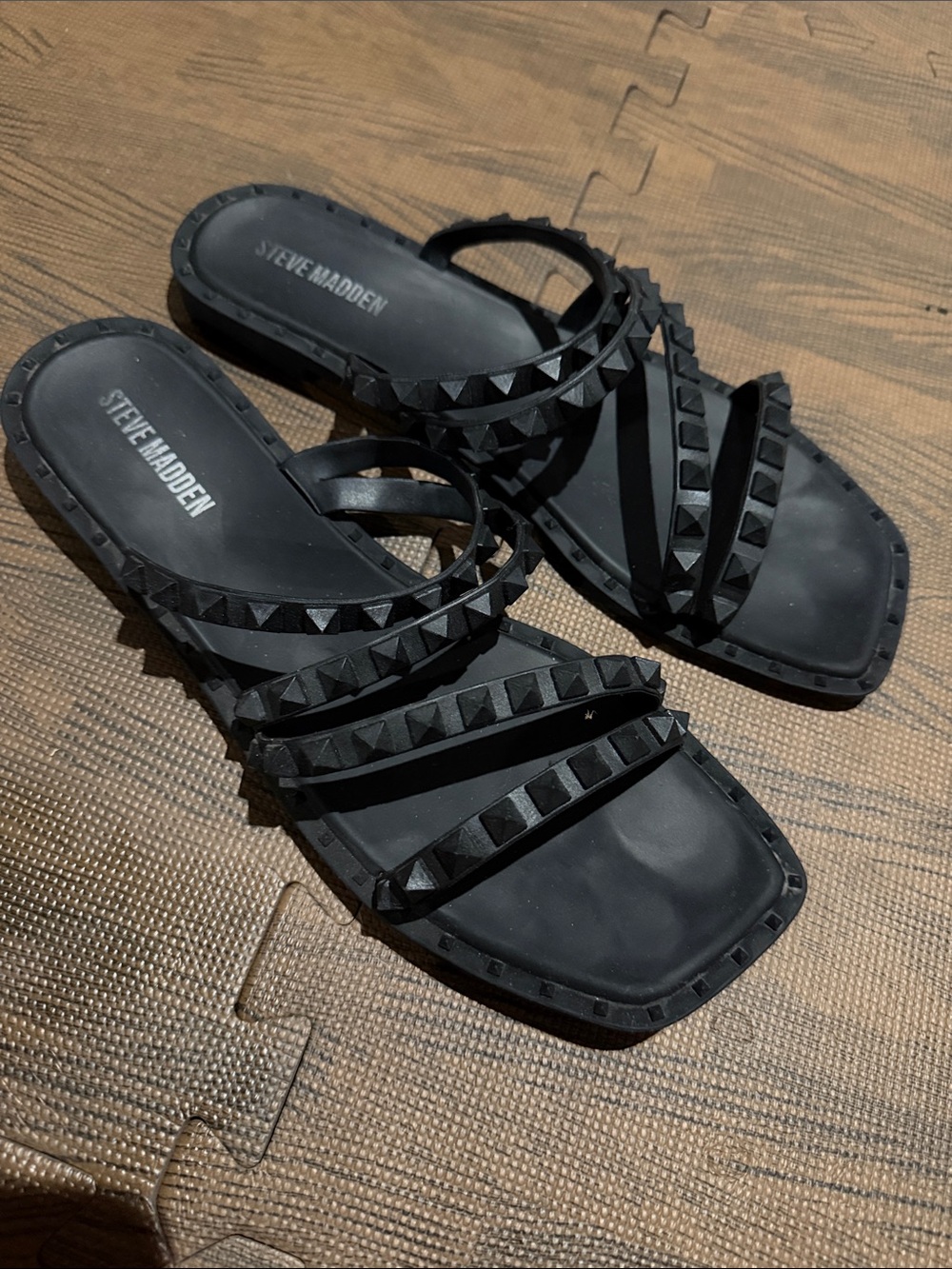 Steve Madden Black Pyramid Stud Slide Sandals